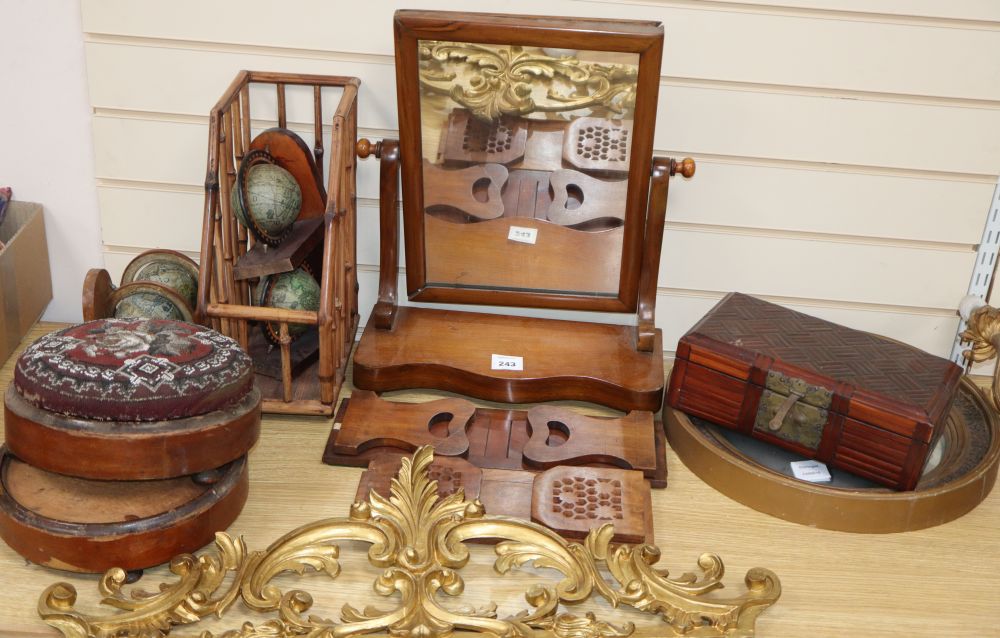 A mahogany toilet mirror, a gilt mirror, a beaded foot stool, a box, etc (11)